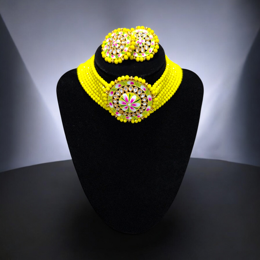 Neon Yellow Meenakari Choker Set